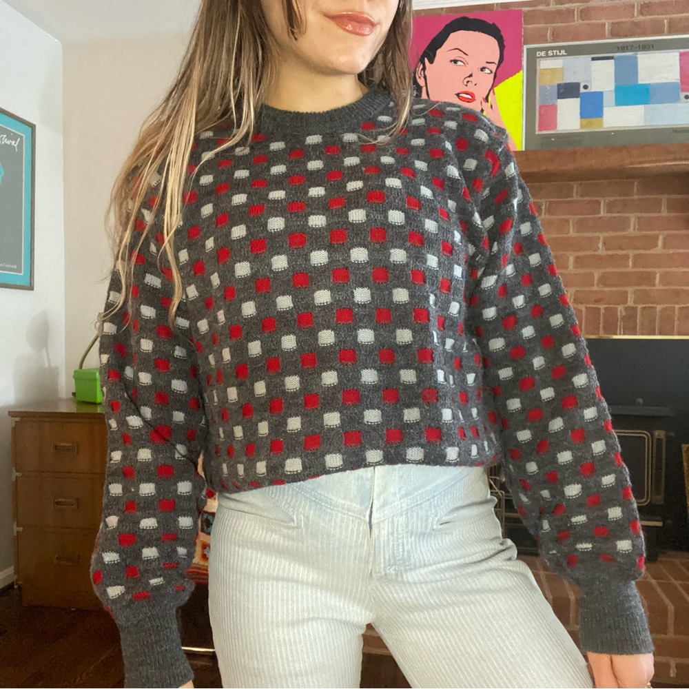 Vintage 90s Checkerboard Plaid Pattern Chunky Knit Grandpa Sweater Acade… - Picture 1 of 13